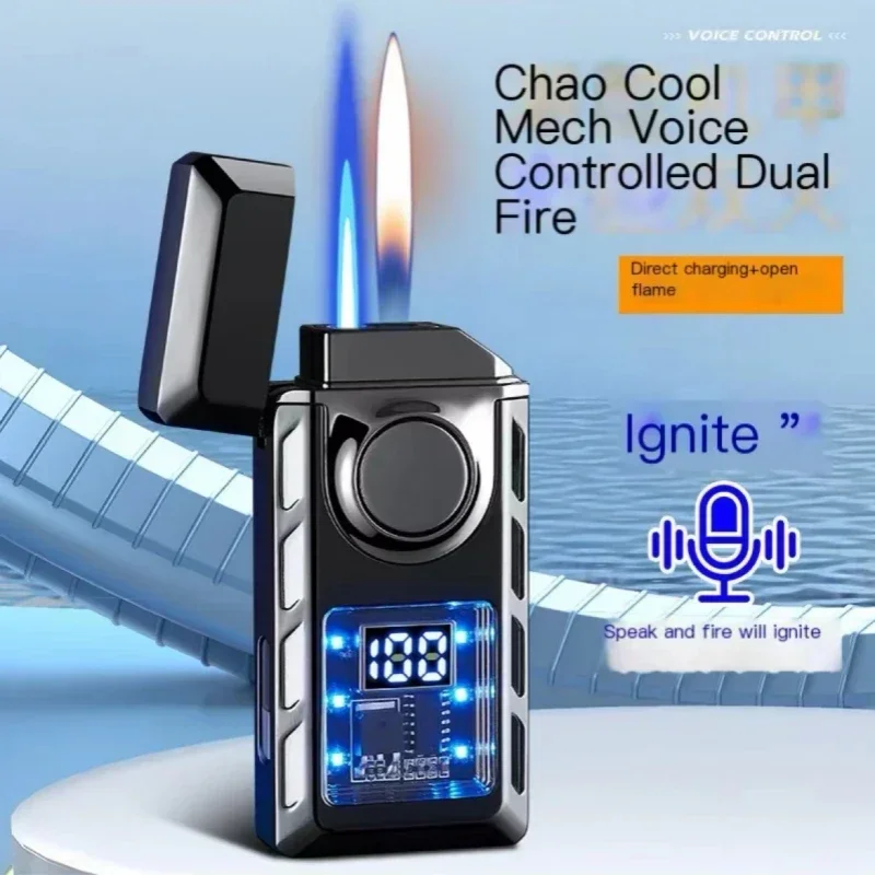 Creative Voice Controlled Ignition Gas Color Light Battery Display Open Fire Switching Jet Fire USB Electric Lighters smoking