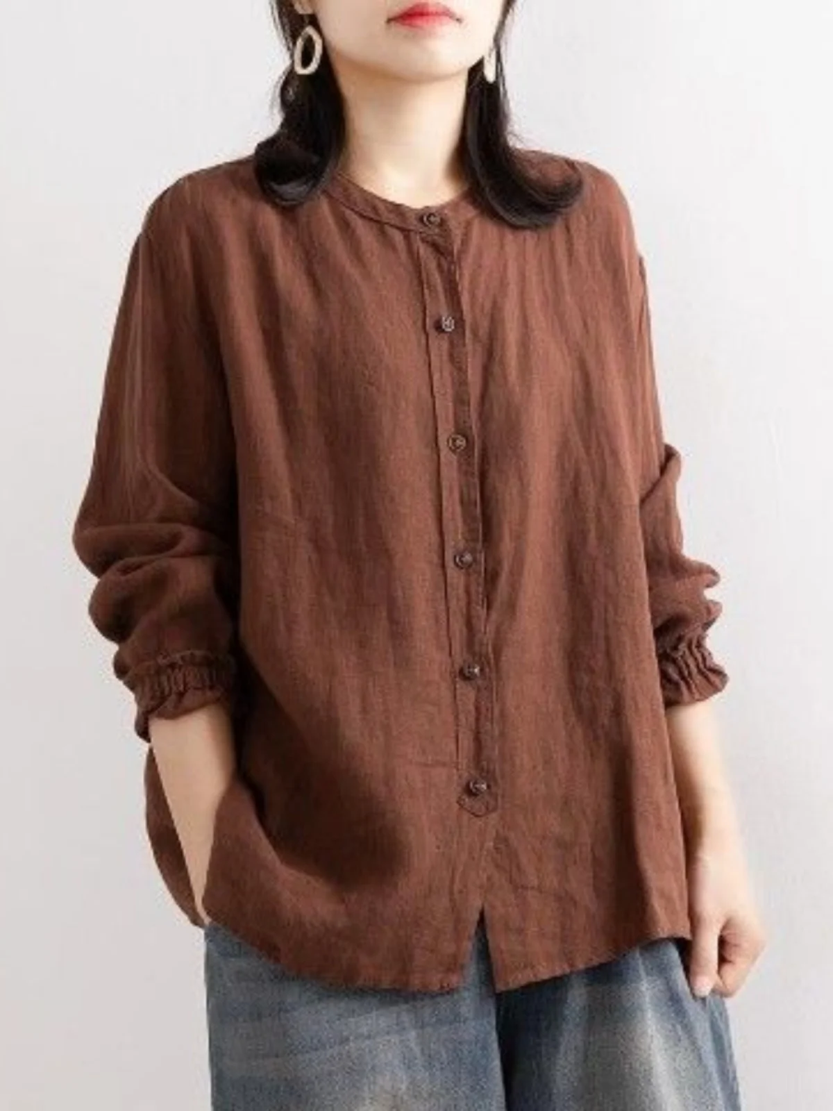 

Элитная японская хлопково-льняная рубашка с длинным рукавом и круглым вырезом, тонкая верхняя одежда для полных женщин, для повседневной носки