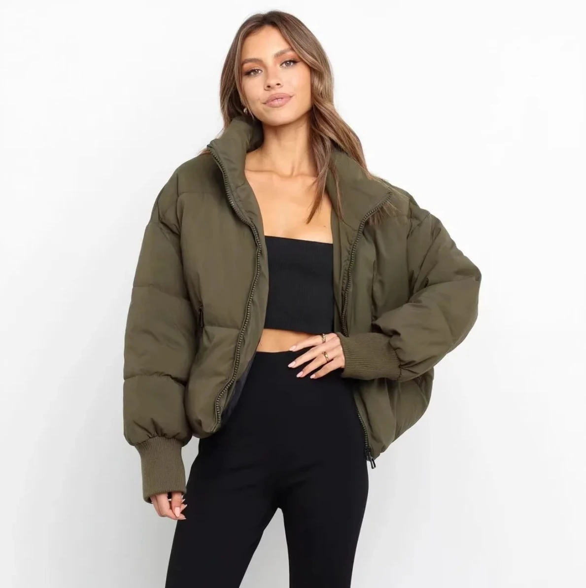 معطف نسائي منتفخ بنمط الخبز، سترة فضفاضة ذات ياقة ثابتة وصلت حديثًا للخريف، ملابس خارجية كاجوال بأكمام طويلة من مزيج القطن #1