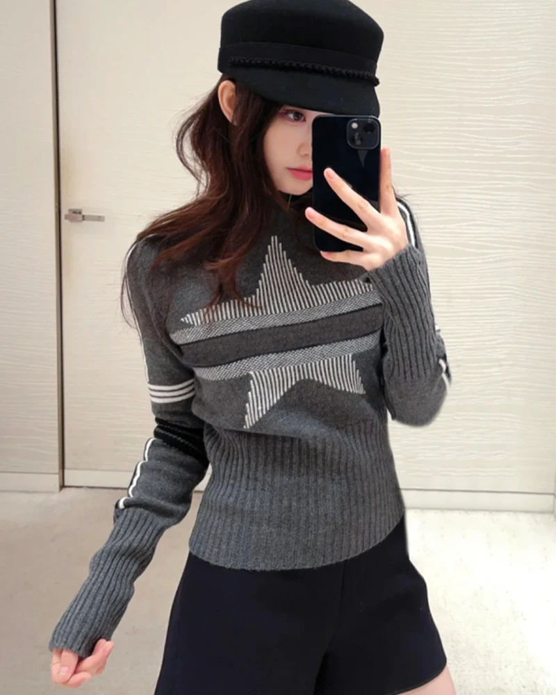 NIGO LP Women's Spring, Autumn And Winter Solid Color Knit Sweater Striped Wool Half High Neck Sweater #nigo61568