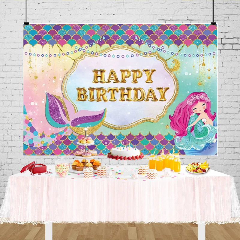 Mermaid Tail Photoshoot Backdrop Happy Birthday Sirena Girls Little Mermaid Party Decorations Fish Scale Background Photo Banner