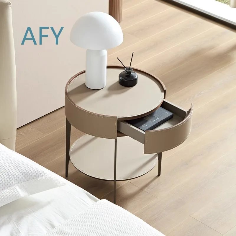 BER808 for Italian Minimalist Saddle Leather Nightstand Modern Round Bedside Table Bedroom Storage Cabinet Luxury Accent