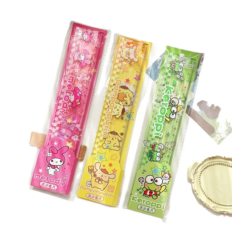 

Sanrio милая мультяшная масляная жидкость, блестящая линейка, студенческие канцелярские принадлежности, 20 см, прямая линейка с волнистой кривой, многофункциональные школьные принадлежности