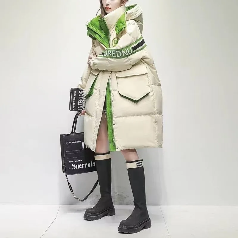 Extra Large Size Contrasting Tooling Parker Down Jacket Women's Winter Plus Medium Long Loose Casual Exquisite Simple Fashion