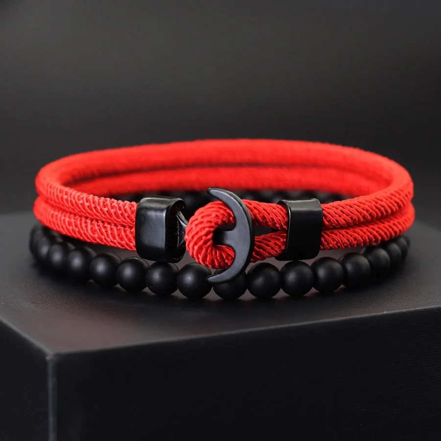 Novel 2Pcs Men Bracelet Set Black Anchor Braslet 6mm Onyx Stone Beaded Braclet Gift For Him Outdoor Sports Cycling Accessories