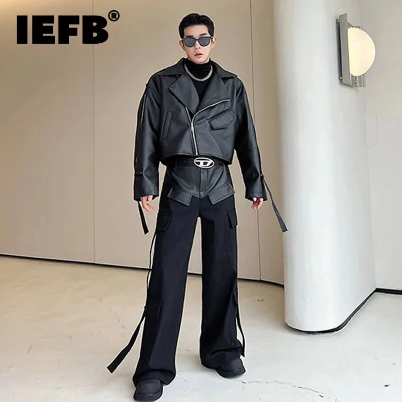 IEFB Fashion Men's Set Ribbon Motorcycle Zipper Leather Jackets Autumn Winter Two Piece Trend Leather Spliced Cargo Pants 9C3217