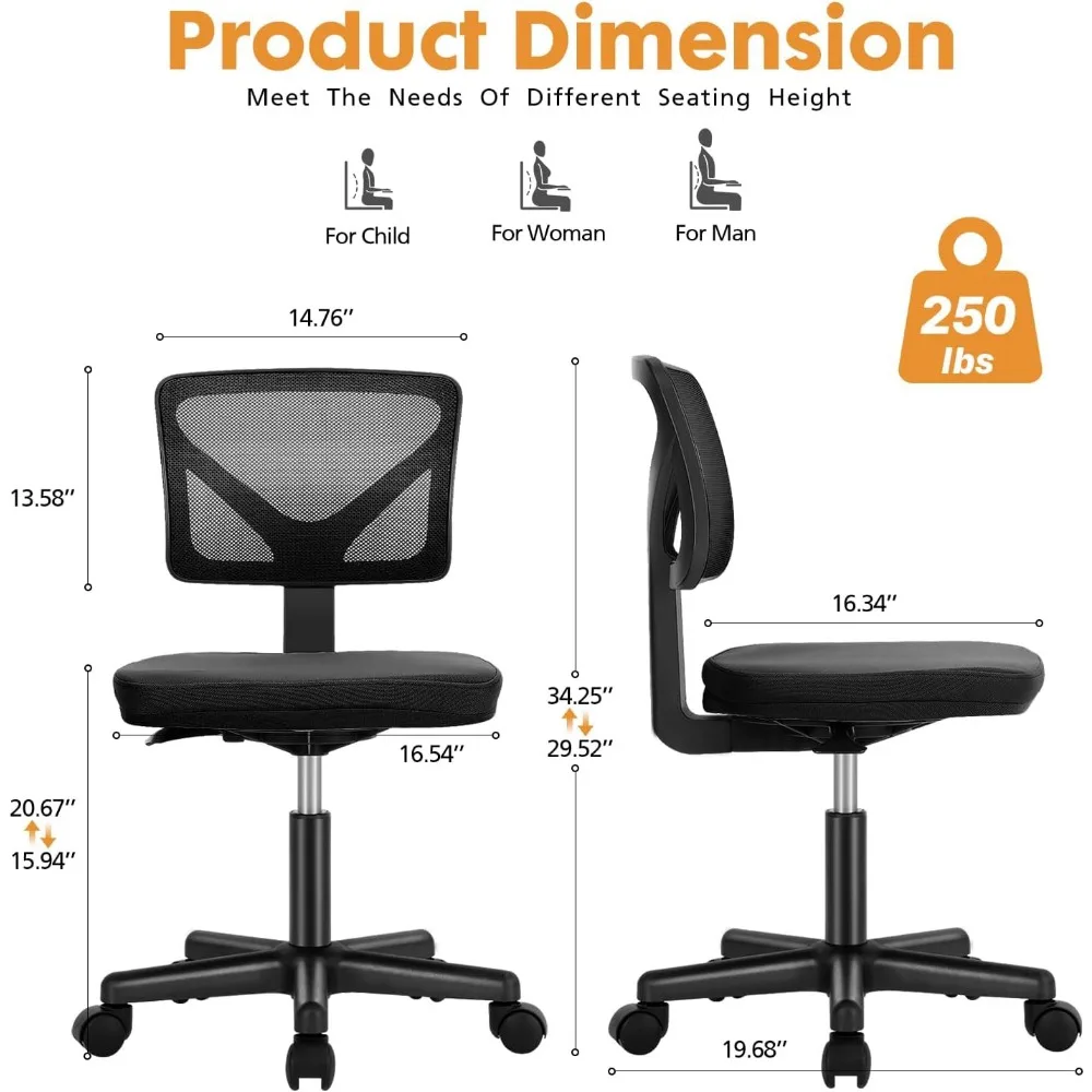 Cadeira de mesa sem braços com rodas, pequena cadeira Home Office, tarefa nas costas baixas, com apoio lombar e rodas