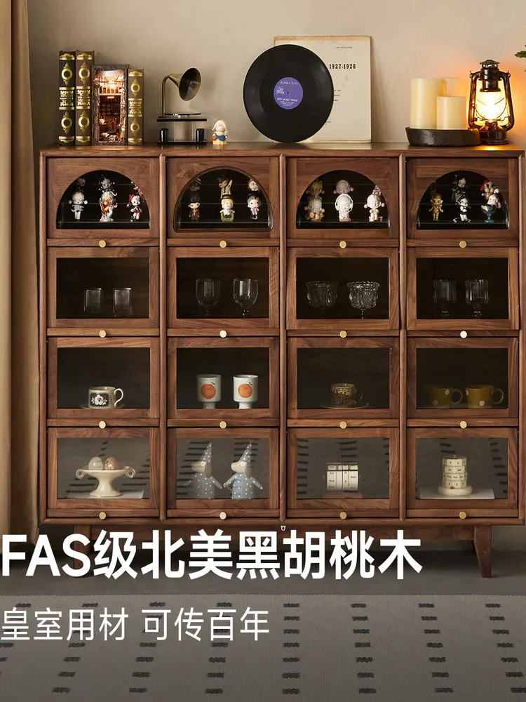 HYS black walnut sixteen grid cabinet solid wood retro living room display cabinet medieval chest cabinet including light