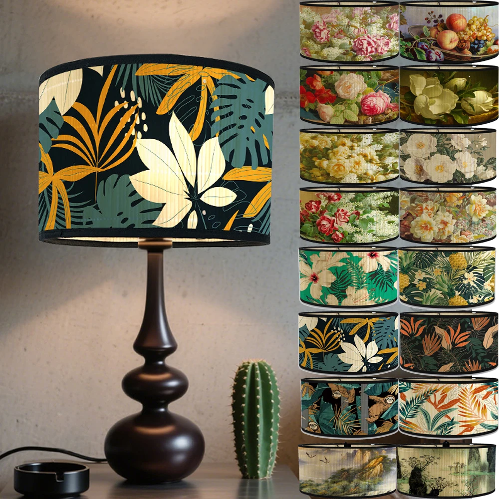 

European Drum LampShades Vintage Floral Plant Pattern Bamboo Lamp Cover Table Floor Lamps Pendant Light Cafe Home Homestay Decor