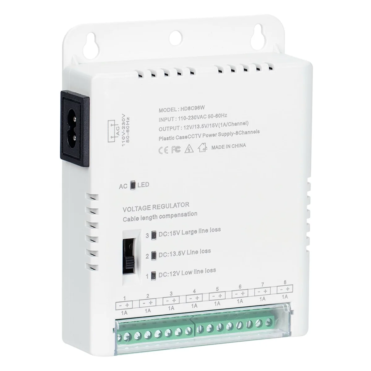 B67A CCTV Camera Power Supply Distribution Power Supply 90V-264VAC Input to 12V-13.8-15VDC Output 8 Channel, HD8C96W