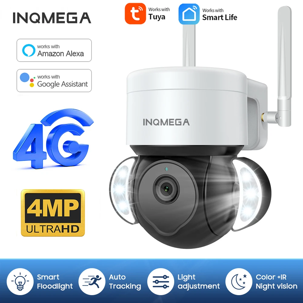 INQMEGA Smart Tuya Camera 4G SIM 4MP Surveillance Security PTZ Camera Outdoor Auto-Tracking Speed Dome Video Alexa Google Camer