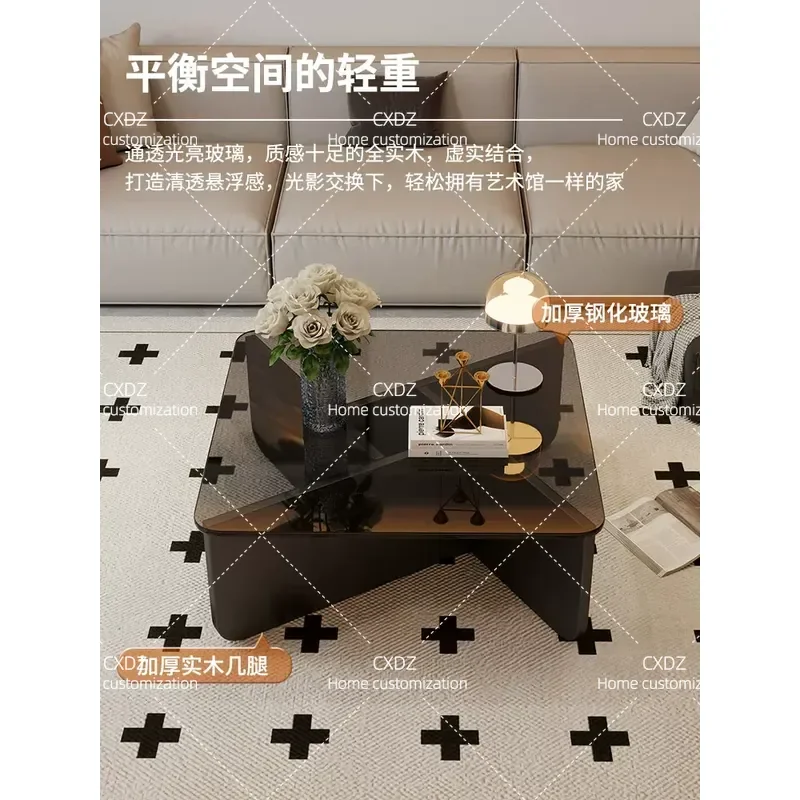 Modern simple square tempered glass solid wood coffee table scratch-resistant small apartment living room Italian light