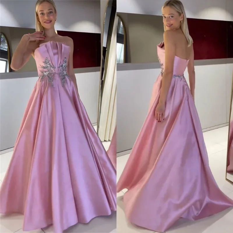 Customized Satin Applique Sequined Draped Homecoming A-line Strapless Bespoke Occasion Gown Long Dresses Saudi Arabia