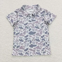 Camisa de camuflaje gris para bebé, ropa de playa de manga corta con botones y solapa, cárdigan infantil, venta al por mayor, Verano