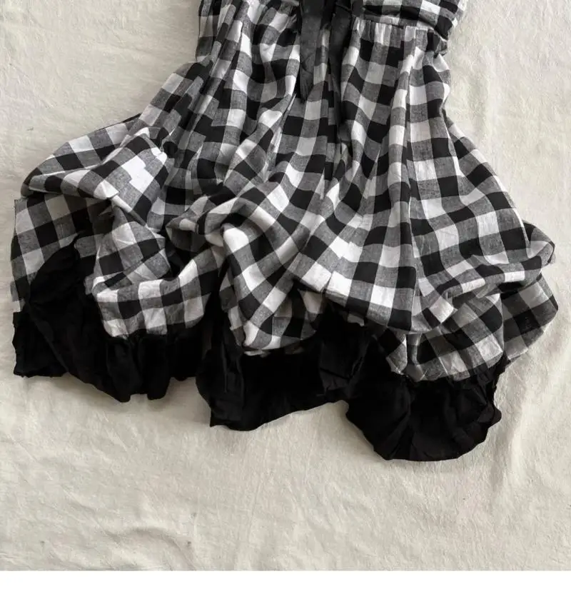 Vintage Y2k Loose Plaid Black Dress Women Spicy Girl Chic Sexy Sling Summer Off Shoulder Dresses A-line Casual Mini Dresses