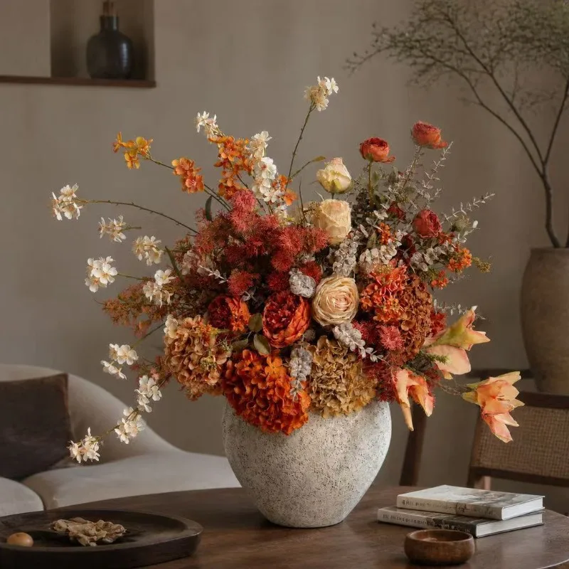 2 Stück künstliche Blumen, Herbst-Vintage-Magnolie, DIY-Hochzeitsstrauß, Tischdekoration für Zuhause, künstliche Hortensie, Pfingstrose, Kunstblume – Detail 1