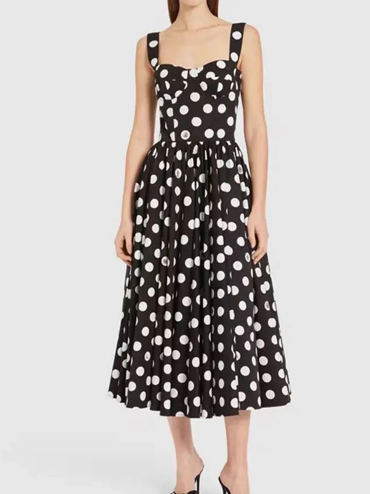 

Retro polka-dot holiday style high waist dress 2024 summer dress new big swing waist over knee sexy black suspender dress