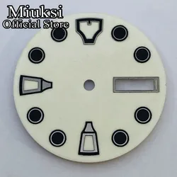 Miuksi 28.5mm white watch dial green luminous dial fit NH36 movement fit 3 o'clock crown 3.8 o'clock crown 4 o'clock crown
