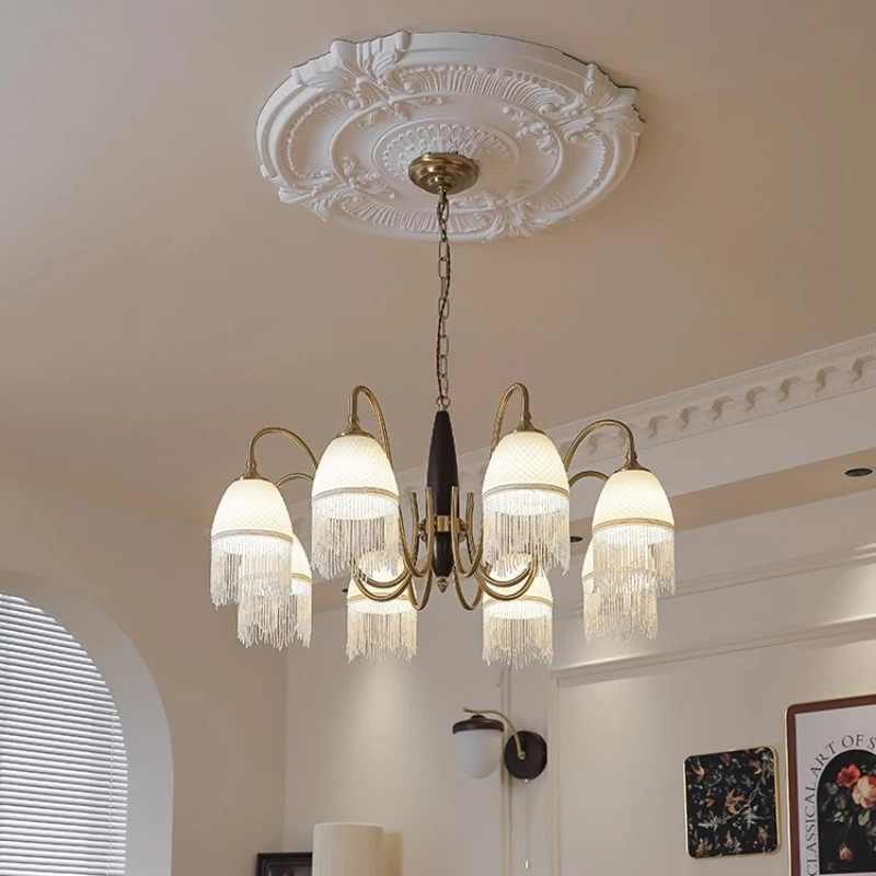 

American White Glass LED Ceiling Chandeliers Tassel Pendant Light Retro Living Room Bedroom Restaurant Hotel Wooden Hanging Lamp
