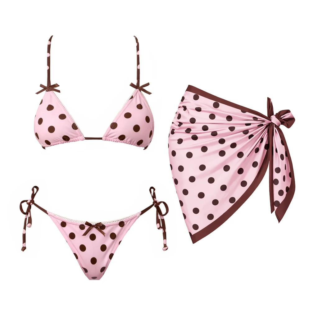 Rosa Dot 3 Stücke Sexy Bikini 2026 Frauen Badeanzug Weiblichen Push-Up Bademode Brasilianischen Biquini Mesh Rock Halter Badeanzug Bademode