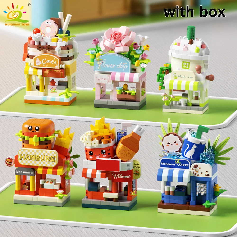 

HUIQIBAO MOC Cute Street Shop model Micro Building Block Burger Fried Flower Model Mini Brick Toy for Children Desk Decor.