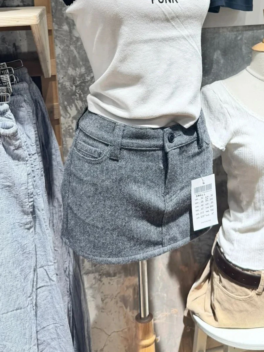 Gray Textured Slim Mini Skirts Summer Sexy Low Waist Cotton A-line Faldas Bottom Women Streetwear Vintage Sweet Short Skirts New