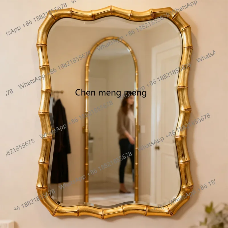 H American classical full-body mirror bamboo frame special-shaped dressing wall hanging living room entrance decorative mirror