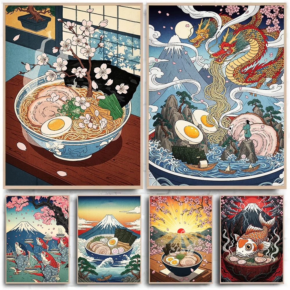 Japanisches Essen Ramen Koi-Fische Kirschblüten Berg Fuji Poster Gedruckte Diamantmalerei Wandkunst Bilder Heimdekoration