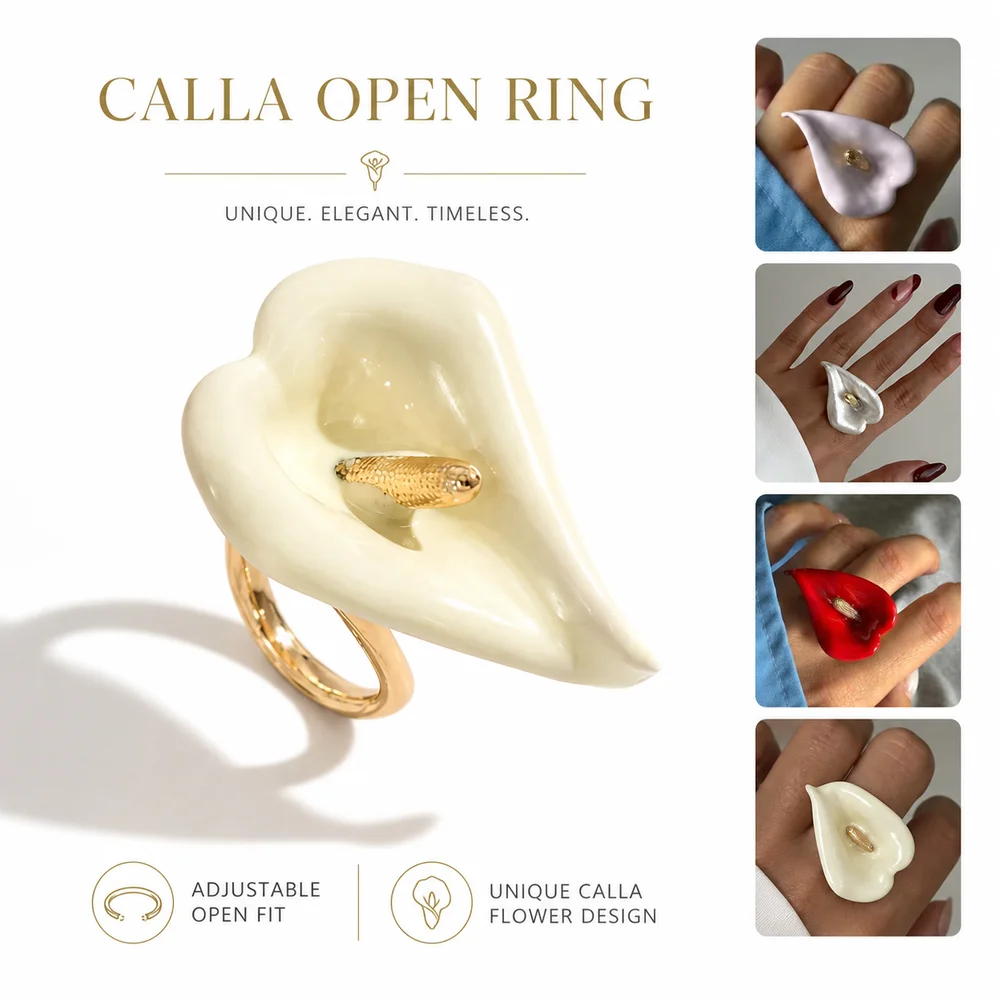 New Open Calla Flower Ring Dripping Oil Enamel Adjustable Flower Ring Unique Exaggerated Open Calla Lily Ring Women