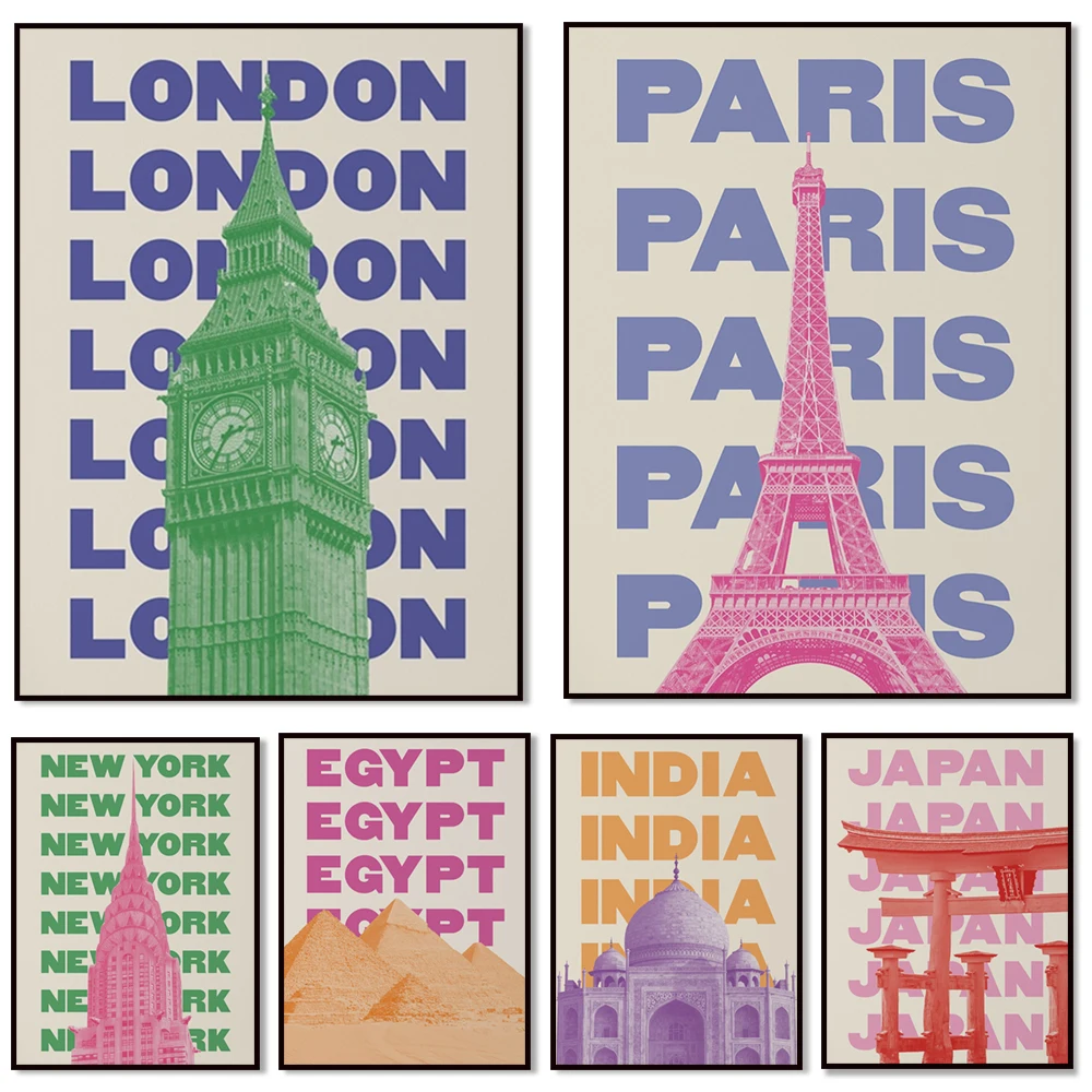 Egypt Pyramids, France Eiffel Tower, Japan Shrine, New York, England Big Ben, India Orange Taj Mahal city travel poster