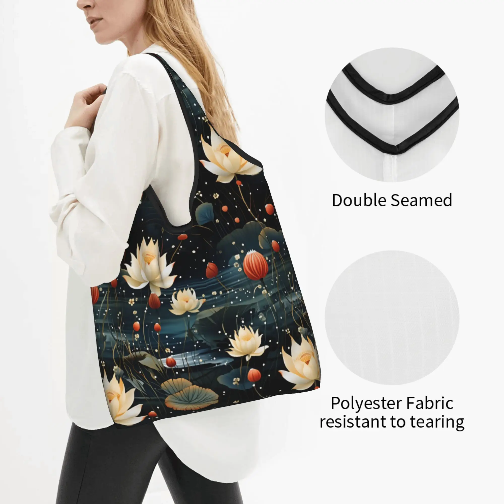 Recycling Lotus Nelumbo Nucifera  Shopping Bag Women Tote Bag Portable  Grocery Shopper Bags