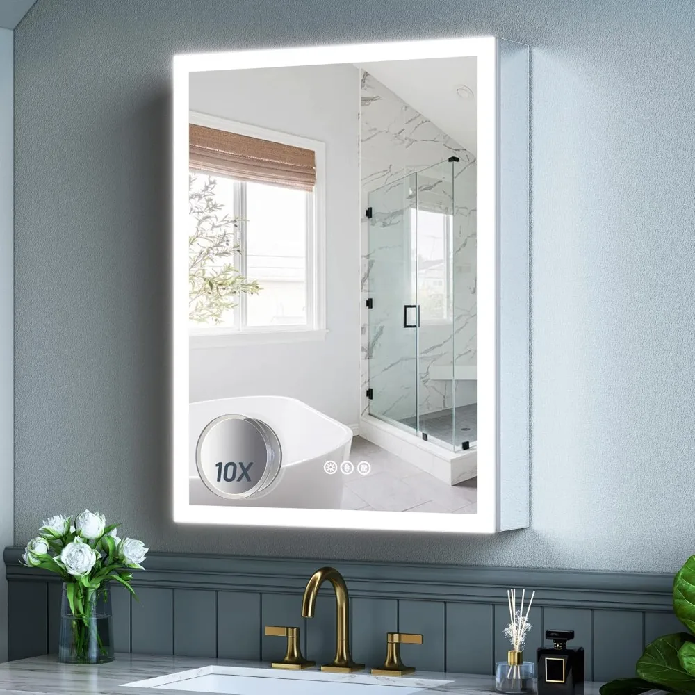 Bathroom Cabinet with Lights, Plug-in or Hardwired, Recessed or Wall Mount, 2 Outlets &USB and 3 Shelves, 24x32 Mirror Cabinet