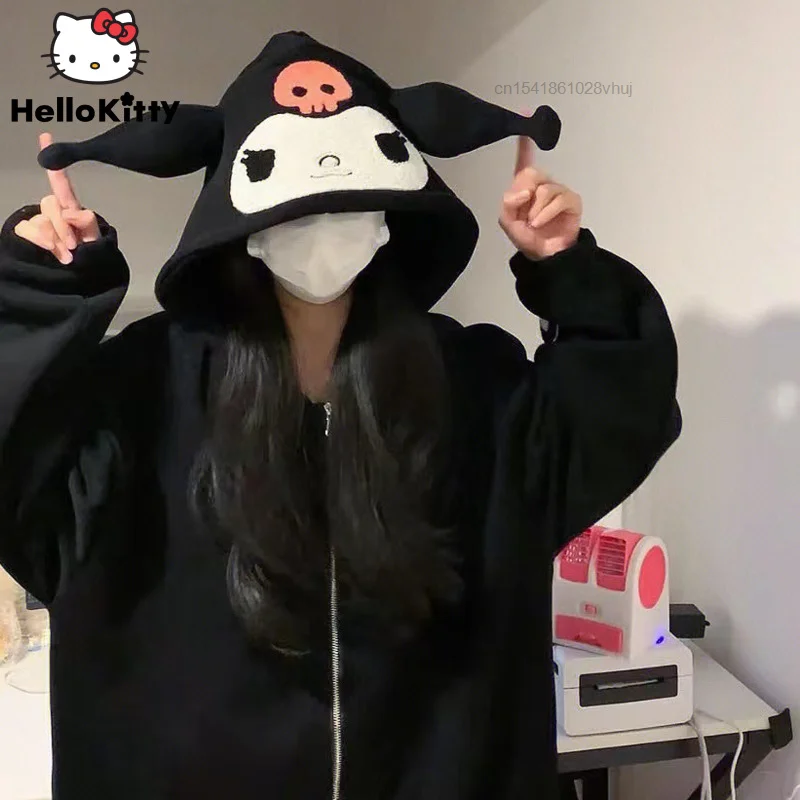 Sanrio Kuromi-Sudadera con capucha y cremallera para mujer, cárdigan de terciopelo Kawaii Y2k, abrigo de estilo Campus con cremallera, ropa gruesa