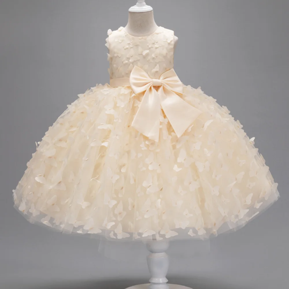 Girl\'s New Butterfly Skirt with Large Bow, Sweet and Cute Sleeveless Mesh Puffy Skirt Wedding Flower Girl Fashion Dress