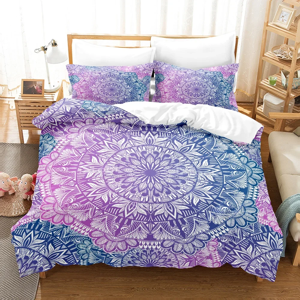 

Bohemian Mandala Duvet Cover Set King Size Blue Boho Microfiber Comforter Cover +Pillowcases, Zipper Closure Bedding Set Double