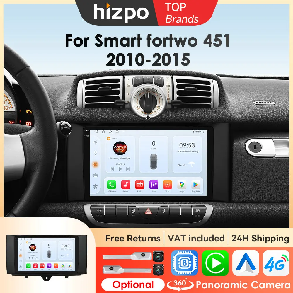 Hizpo autoradio sans fil CarPlay Android Auto pour Mercedes Benz Smart Fortwo 451 2011 - 2015 multimédia GPS 2 din Autoradio Navi