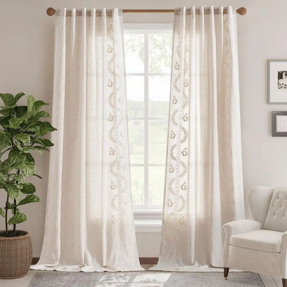 Zasłony z mieszanki lnu w kolorze kości słoniowej, długość 108 cali, haftowane w stylu wiejskim, zestaw 2 paneli do sypialni lub salonu