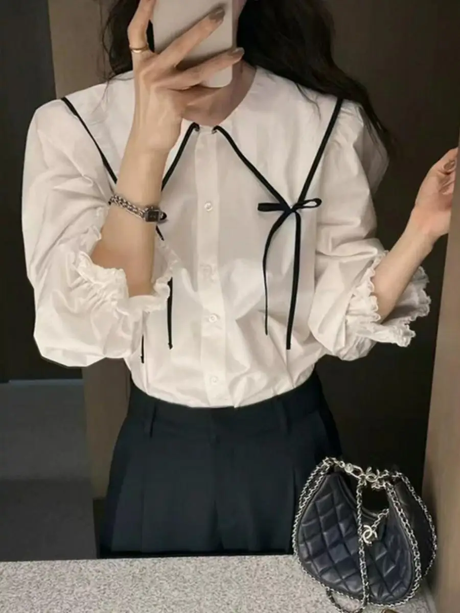 

Spring Summer Knot Belted arp Collar Bubble Sve Lace Splicing irt Women's Premium Faion Long Sve Pure C...