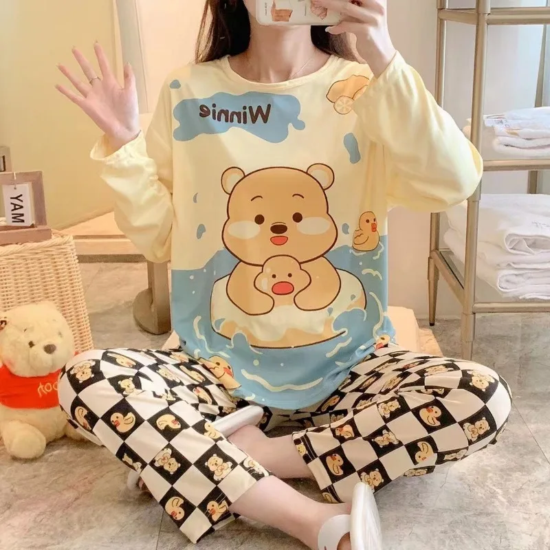 2PCS/Set Women's Pajamas Tops and Pants Round Neck Cartoon Bear Elephant and Horse Nightwear Homewear Girl Sleepwear Loungewear