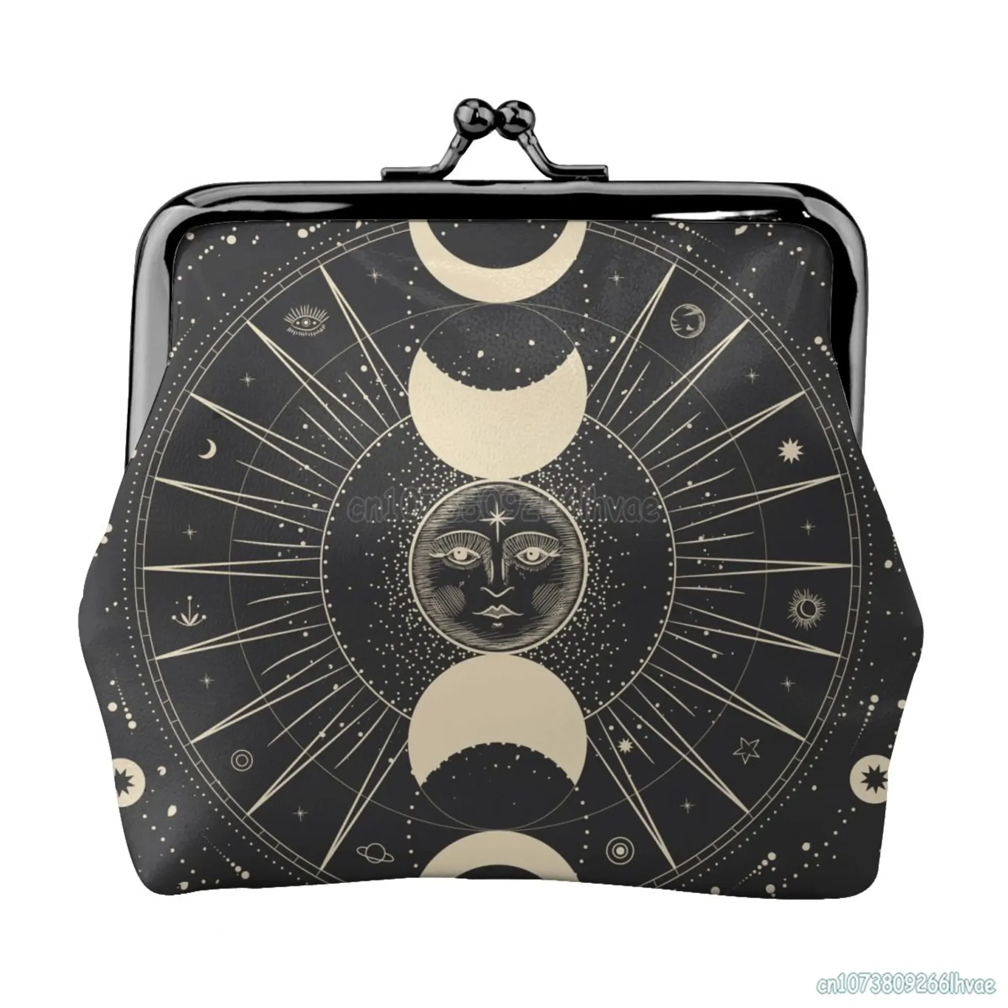 Moon Star Mystic Sun Astrology Tarot Goth Leather Coin Purse Small Change Pouch with Kiss-Lock Clasp Closure Buckle Wallet