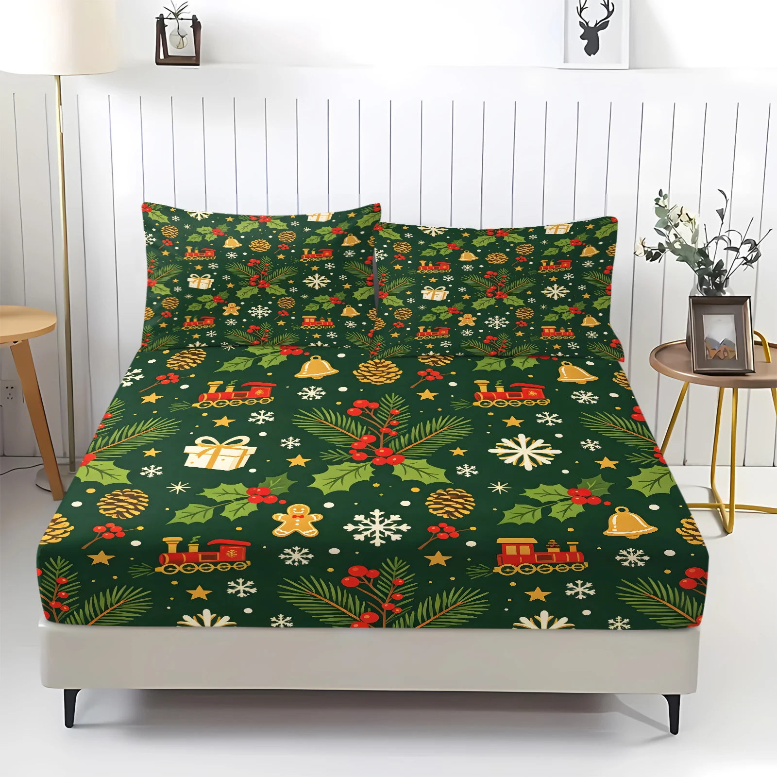 Dark Green Christmas Fitted Sheet Set Xmas Gingerbread Man Train Holly Pine Cone Snowflake Gift Print Deep Pocket Mattress Cover