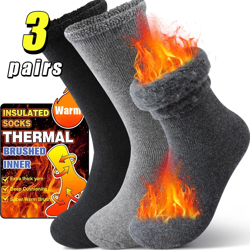 

3 Pairs Winter Thick Men's Mid-Calf Socks Set Cozy Warm Thermal Socks for Cold Weather Soft Inner