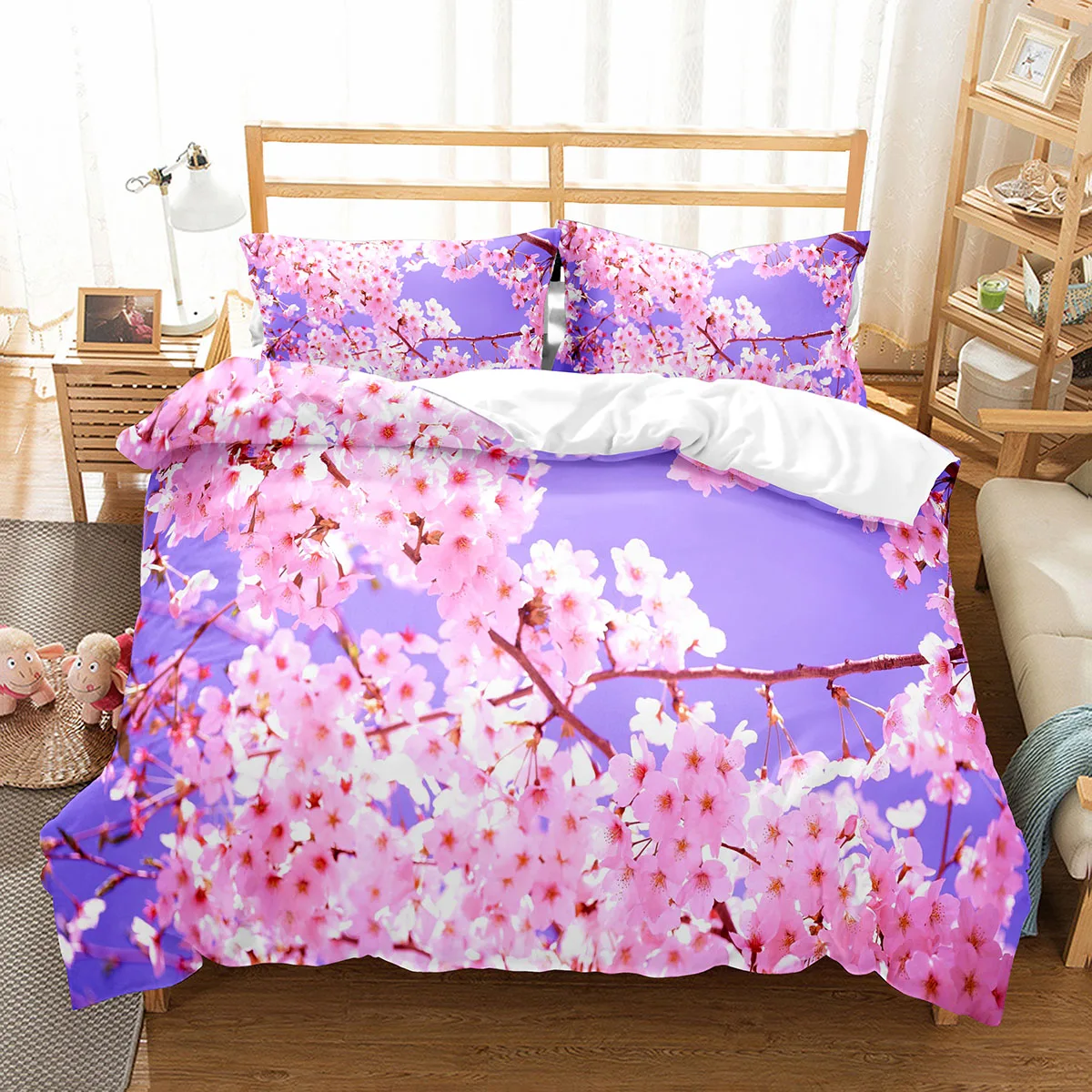 

Cherry Blossoms Duvet Cover Set King Queen Full Size Pink Flower Polyester Comforter Cover For Kids Teens Adults Bedding Set