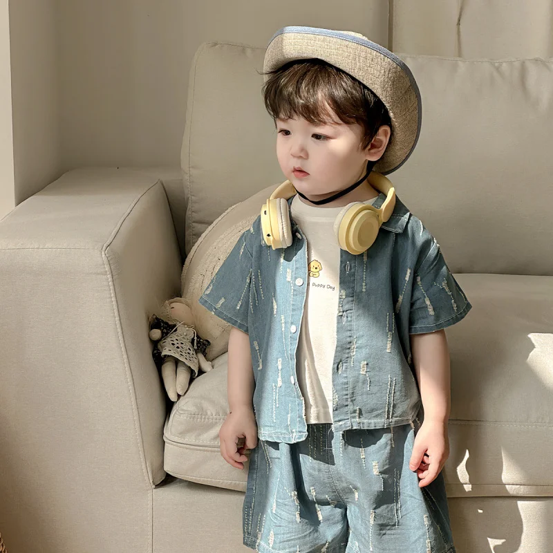 

Dianxi boys' summer outfit, stylish baby boy denim shirt and trendy shorts, two-piece baby clothing set for summer
