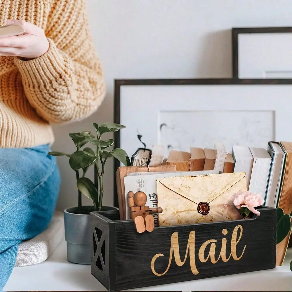 Mail Organizer Mail Holder Countertop, Rustic Wooden Mail Basket Mail Tray Letter Holder Box For Desk Home Office Wall Mount