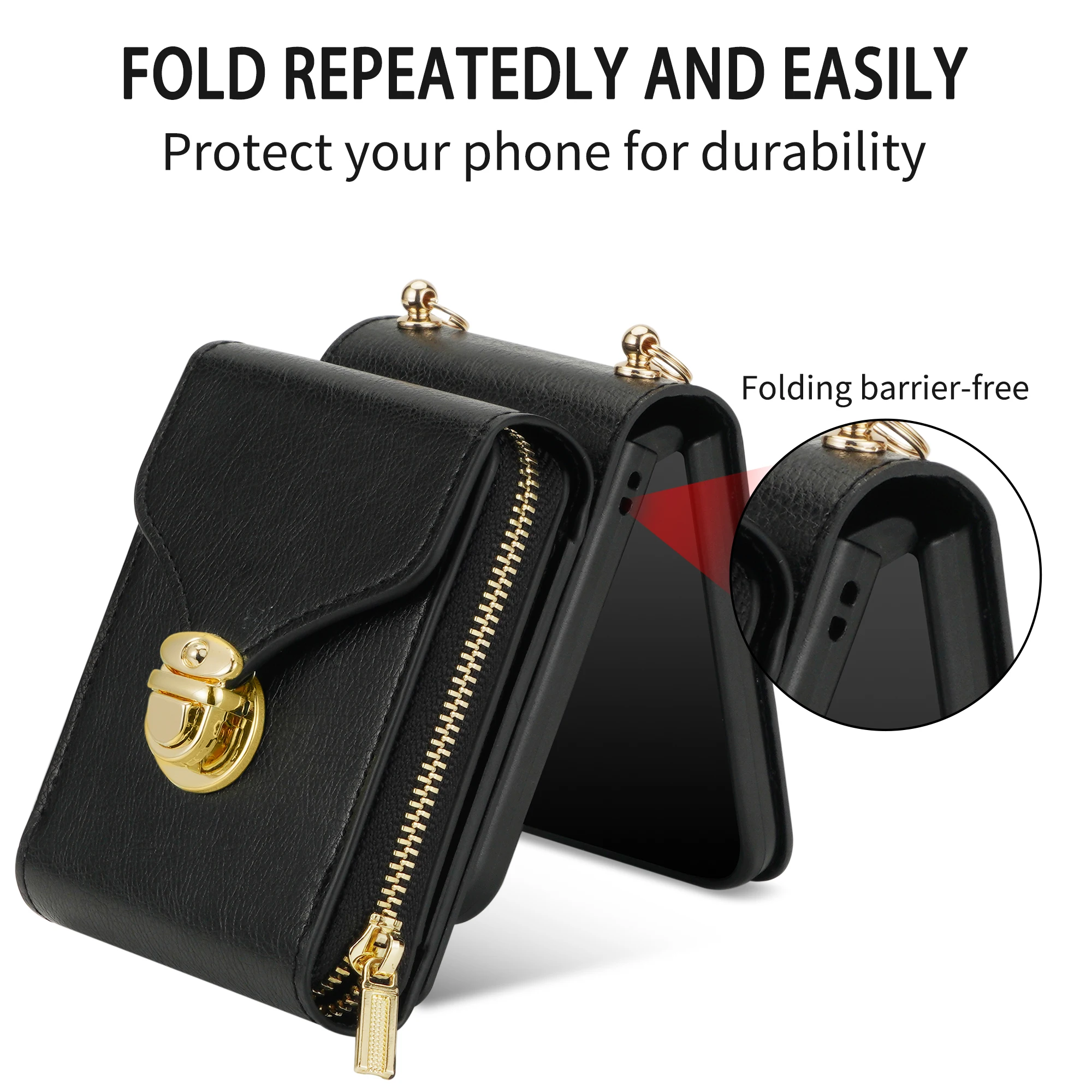 Für Samsung Galaxy Z Flip 8 7E 7 6 5 4 Leder-Handyhülle mit Trageband, Reißverschluss, Kartenfach, Geldbörse, Klappständer und Rückabdeckung