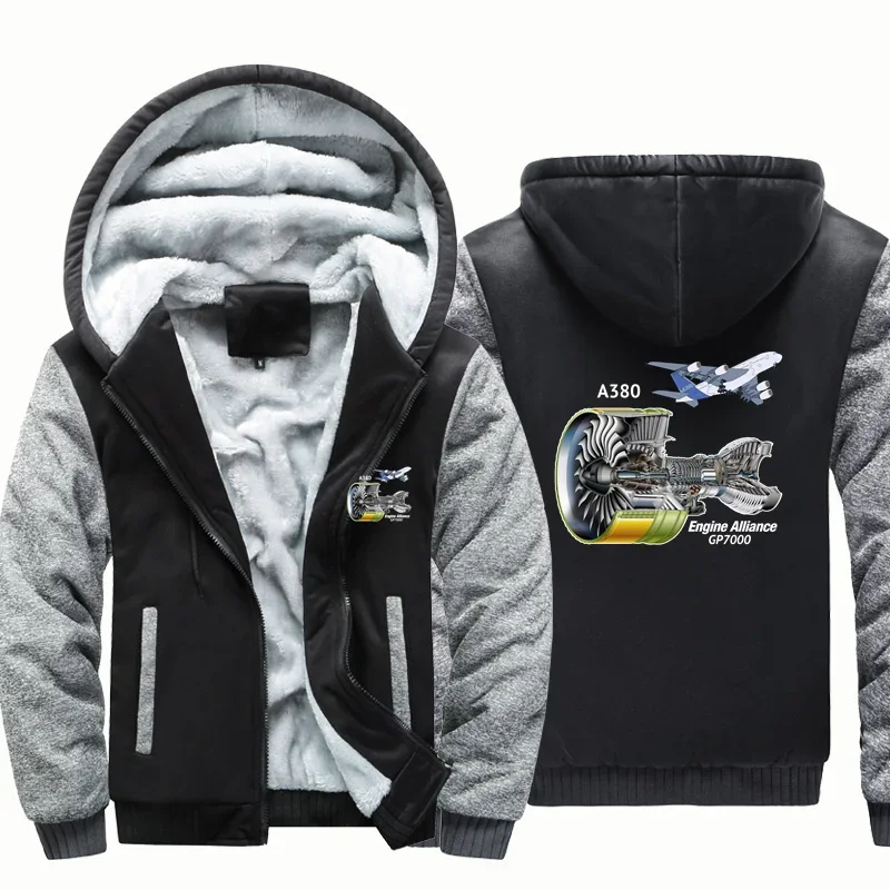 A380 & GP7000 Engine Fleece Warm Wool Aviation Pilots Flight Men Coat Jackets Zipper Hooded Thick Hoodies Sweatshirts