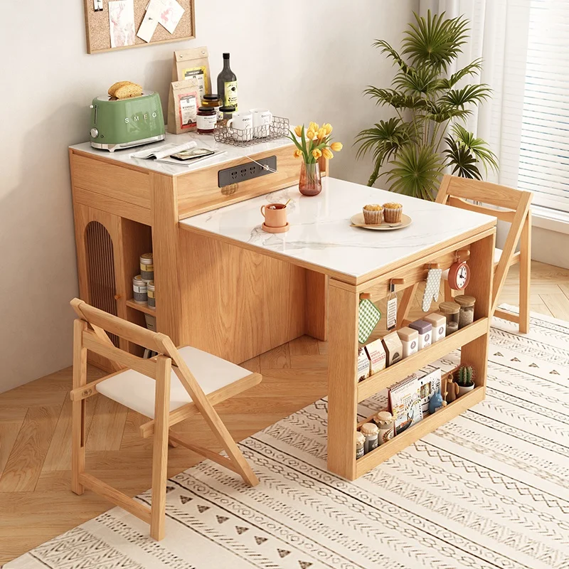 Rock Slab Island Table Folding Chair Attached Table Small Household Kitchen Bar Storage Cabinet Telescopic Dining Table
