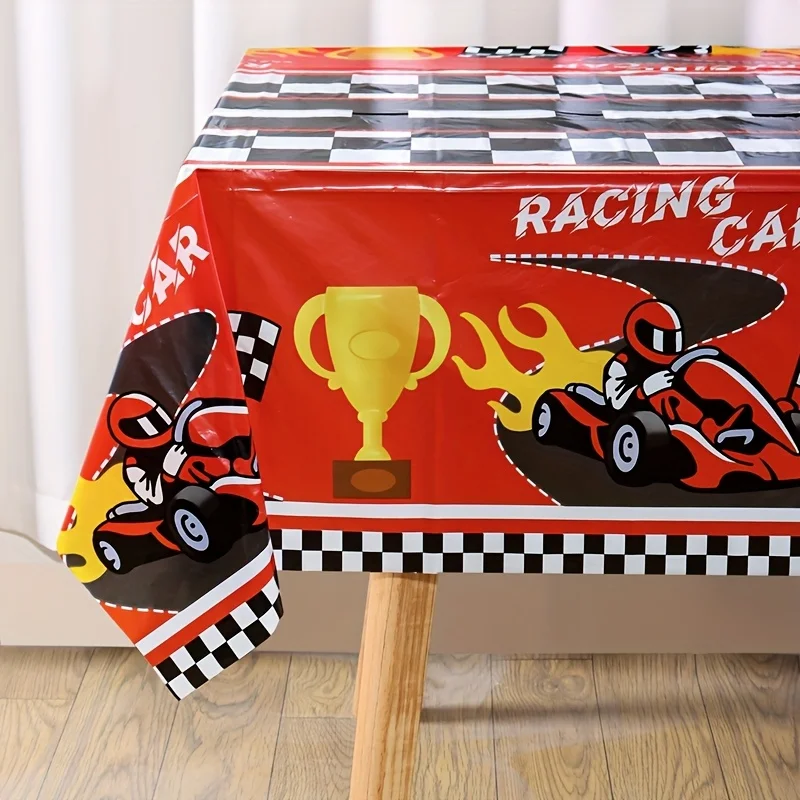 1pc Racing Theme Disposable Table Cover - 86.61x51.18inch Plastic Rectangular Tablecloth with Checkered Flag, Trophy & Race Car