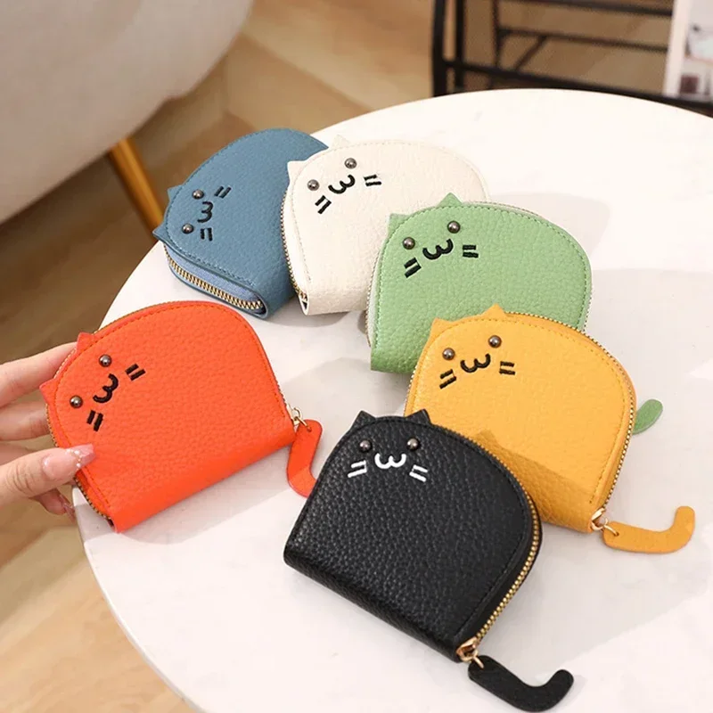 Cartoon Cat Coin Purse Cute Embroidery Cat Lychee Pattern Pu Leather Coin Bag Key Change Cards Holder Portable Zipper Packet